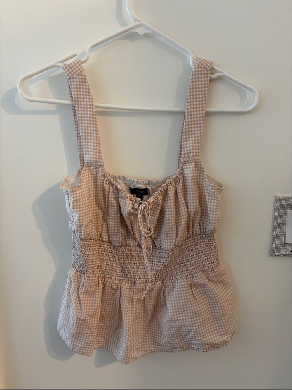 J Crew Size XS Smock Waist Semi Crop Tank Top tan Gingham